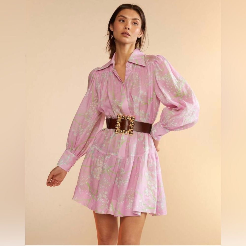 Pink Floral Ramie Designer Puff-Sleeve Mini Dress